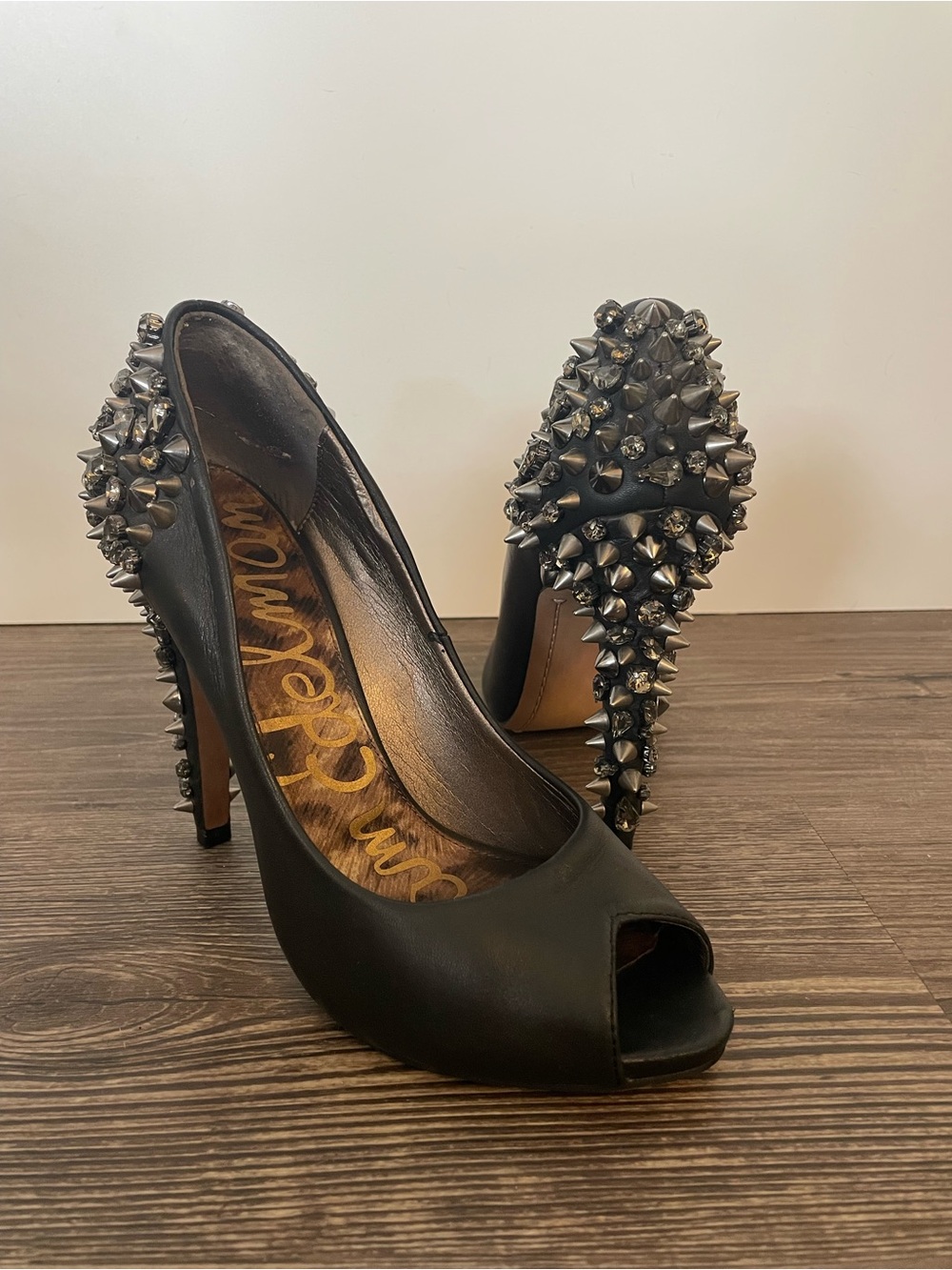 Sam Edelman Black Peep-Toe Stiletto Heels with Silver Spikes